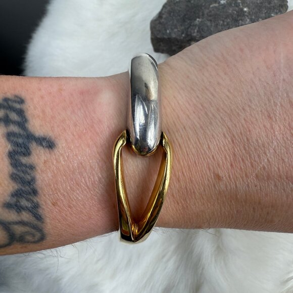 Two Tone Silver Gold Clamp Hinged Bangle Bracelet - Picture 1 of 5